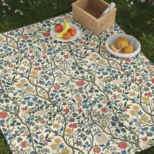 William Morris Picnic Blanket  Water-Resistant Outdoor Throw, Vintage Floral Camping Mat, Cottagecore Gift for Travelers
