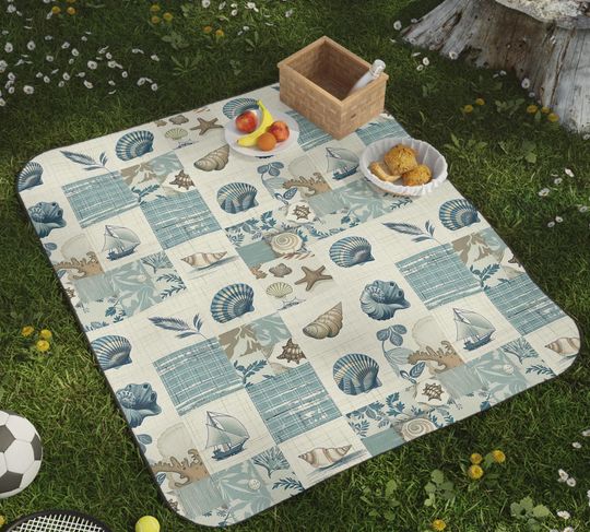Quilted Pattern Seaside Picnic Blanket, Vintage Shells and Sail Boat Design - Beach Blanket, Outdoor Rug, Camping Mat, Summer Party