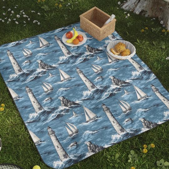 Nautical Picnic Blanket, Lighthouse and Sailboat Outdoor Mat, Coastal Beach Throw for Summer, Ocean Theme Picnic Rug, Maritime Park Blanket