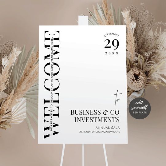 Business Event Welcome Sign Template, Minimalist Black & White Corporate Party Signage, Printable Easel Foam Board Sign 18x24" 24x36", M-002