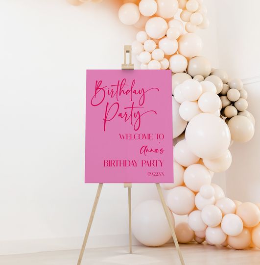 Birthday Party Welcome Sign | Editable Pink Hot Pink Birthday Party | Easel Poster Foam Board | Cute Minimal Minimalist Modern Elegant