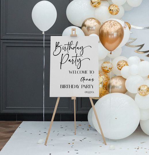 Birthday Party Welcome Sign | Editable Black White Birthday Party | Easel Poster Foam Board | Cute Minimal Minimalist Modern Elegant A62