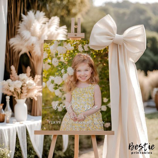 First communion welcome sign with photo Foam board   Baptism poster printed with picture Girl or boy Personalized