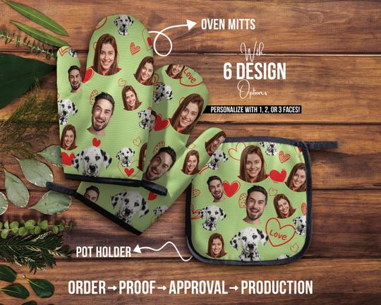 Personalized Oven Mitt, Pot Holder Set, Cat Oven Mitt, Dog Pot Holder, Funny Oven Mitt, Faces Pot Holder, Cute Oven Mitts, Mother's Day Gift