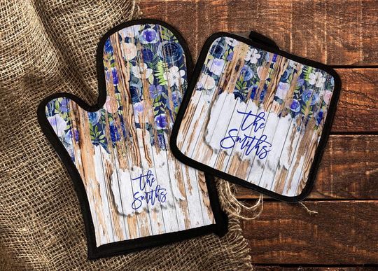Blue Chippy Wooden Floral Painted Oven Mitt and Pot Holder Sublimation Design Set