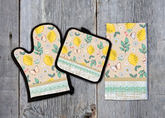 Sublimation Kitchen Set Designs towel oven mitt and pot holder design   3 Design Bundle Lemon Butterfly