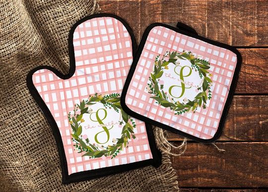 Spring Floral Wreath Gingham Oven Mitt and Pot Holder Sublimation Design Set