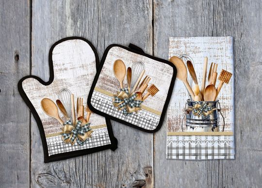 Sublimation Kitchen Set Designs towel oven mitt and pot holder design   3 Design Bundle Farmhouse Plaid Bow