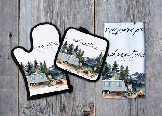 Sublimation Kitchen Set Designs towel oven mitt and pot holder  3 Design Bundle Camping Adventure Awaits Watercolor Lake