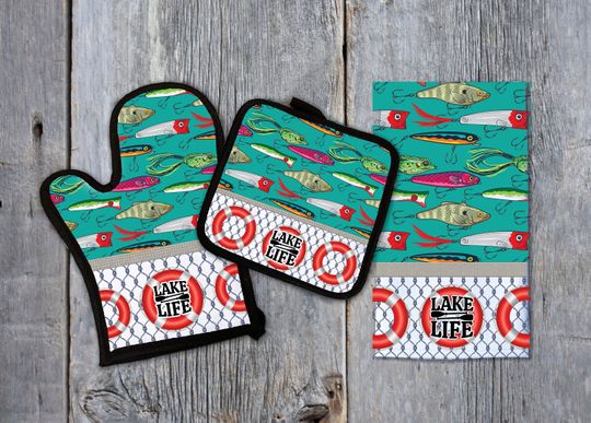 Sublimation Kitchen Set Designs towel oven mitt and pot holder design   3 Design Bundle Lake Life Lure Net