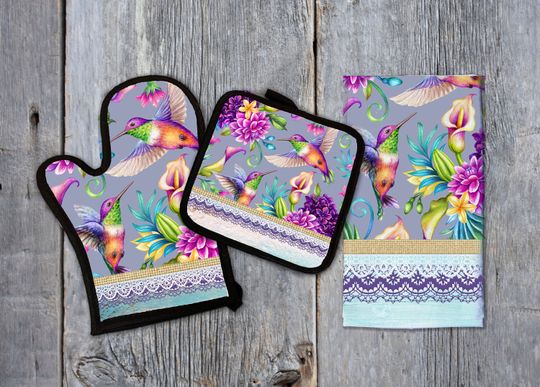Sublimation Kitchen Set Designs towel oven mitt and pot holder design   3 Design Bundle Hummingbird Floral