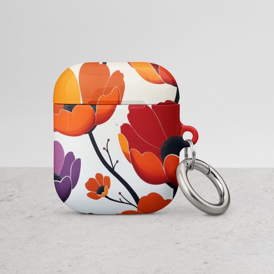 Floral Design AirPods Case, Protective AirPods Cover, Impact Absorbing AirPods Case with Carabiner, Wireless Charging Compatible
