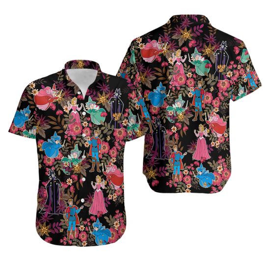 Sleeping Beauty Button Shirt And Shorts, Aurora Maleficent Prince Phillip Flora Fauna Merryweather Hawaiian Shirt,Disney Tropical Shirt