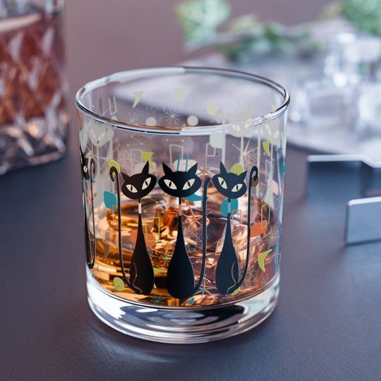 Atomic Kitschy Black Cat Rocks Glass, 10oz Mid Century Modern Whiskey Glass, Retro Lowball Cocktail Glass, 1950s Vintage Style Barware