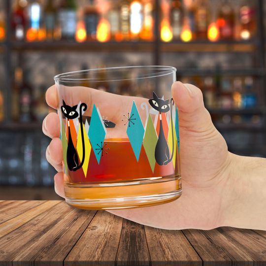 Atomic Cat Rock Glasses Retro Drinkware Mid Century Modern Whiskey Glass Gifts Unique Cat Lover Present MCM Retro Cat Barware Home Decor