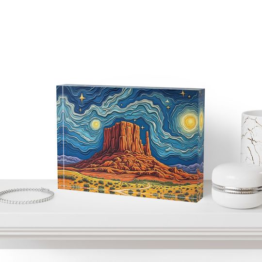 Desert Scene Van Gogh Inspiration Painting Effect Photo Block, Home Decor, Wall Art, Nature Display, Gift Outdoor Lovers, Vibrant Artwork