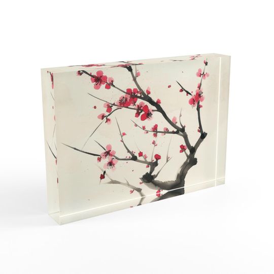 Japanese style cherry tree watercolor Floral Photo Block | Home Decor, Gift for Art Lovers, Wedding Decoration, Personalized Display