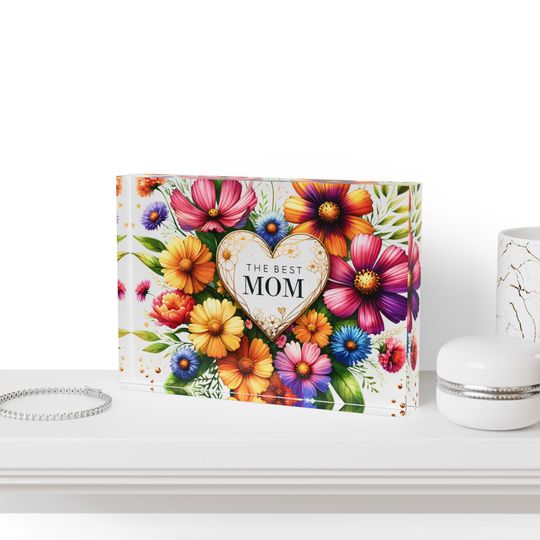 Floral Photo Block for Mom, Gift for Mother's Day, Home Decor, Personalized Family Photo Display, Best Mom Gift, Colorful Wall Art