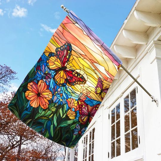 Butterfly Stained Glass Garden Flag, Spring Floral Outdoor Decor, Colorful Banner, Housewarming Mother Day Gift, Spring Gift for Mom
