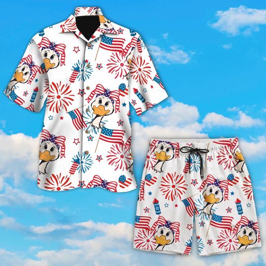4th of July Duck Hawaiian Shirt, Funny Patriotic USA Flag Tee, Silly Goose Is Loose Red White and Booze Shirt, America Party Shirt