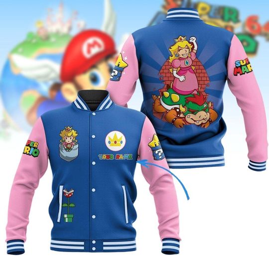 Princess Peach Mario Baseball Jacket, Super Mario Character College Jacket, Personalized Mario Streetwear Jacket, Birthday Girl Gift