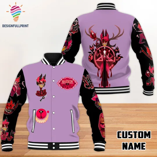 Black and Purple Alastor Hazbin Hotel CP Baseball Jacket