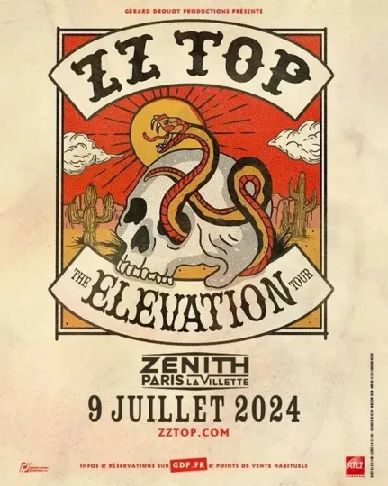 ZZ Top Elevation Tour Poster Paris France 2024 2025 Blues Rock Music