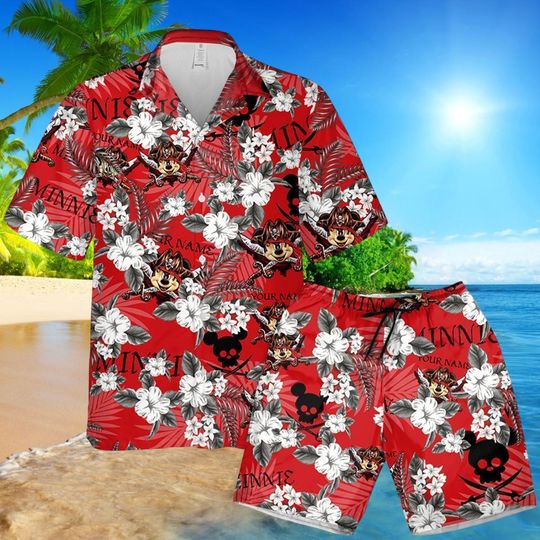 Pirate Minnie Mouse Red Floral Hawaiian Shirt, Tropical Skull Vacation Matching Disney Outfit, Pirate Minnie Button Shirt