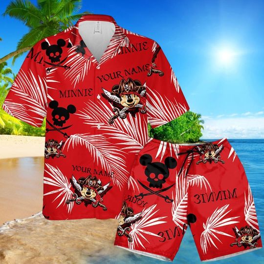 Pirate Minnie Mouse Red Hawaiian Shirt, Custom Name Pirate Tropical Outfit, Disney Pirate Shirt Set, Disney Summer Pirate Shirt