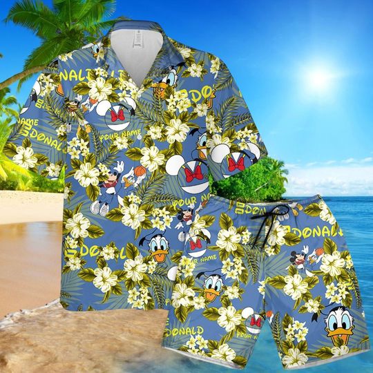 Donald Duck and Mickey Summer Floral Hawaiian Shirt, Custom Disney Set for Men and Kids, Vacation Outfit, Disney Summer Button Man Shir
