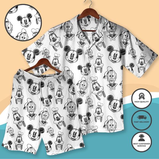 Disney Mickey And Friends Sketch Art Hawaiian Shirt, Mickey Mouse Donald Duck Goofy Hawaiian Shirts, Disneyland Summer Trip Hawaii Set