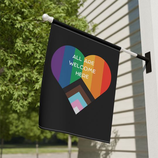 All Are Welcome Here Rainbow Heart Diversity Flag Inclusive House Banner LGBTQ Pride Outdoor Decor Liberal Yard Flag Gay Pride