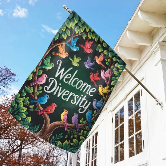 Welcome Diversity Flag, Colorful Birds Tree LGBTQ Yard Sign, Multicolor Unity Outdoor Decor, Pride Month Flag
