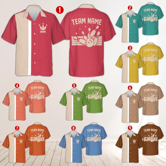 Personalized Bowling Hawaiian Shirt, Custom Name Bowling Team Button Up Shirt, Matching Bowler Shirt, Retro Pastel Bowling Lover Squad