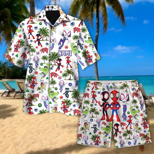Personalized Spidey And His Amazing Friends Hawaiian Shirt, Disney Hawaii Shirt, Marvel Aloha Button Shirt, Superhero Hawaiian Shirt