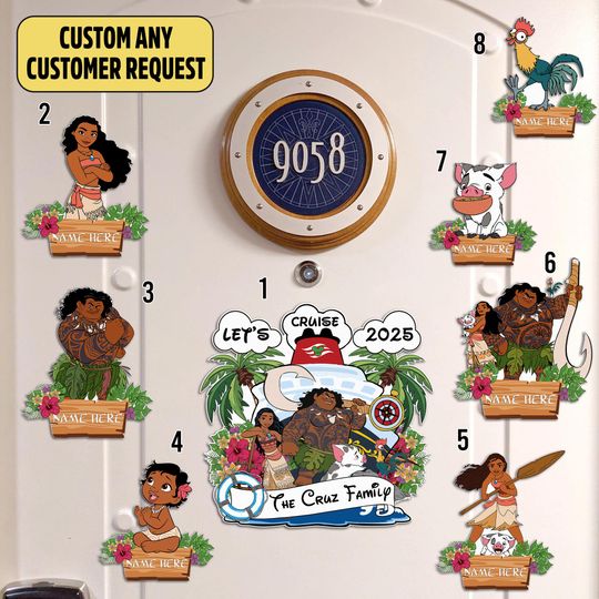 Personalized Moana Let's Cruise 2025 Door Magnet, Stateroom Decor, Maui Heihei Pua, Family Cabin Sign, Cruise Vacation Gift for Lovers