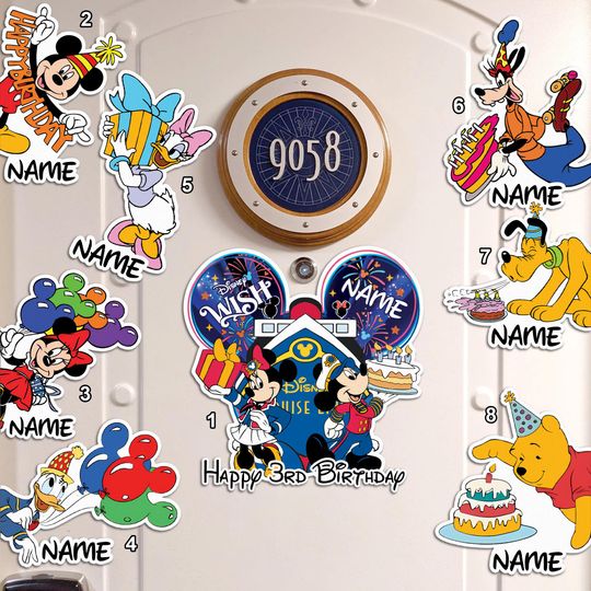 Personalized Mouse & Friends Magnets, Mouse Birthday Party Magnets, Mouse Cruise Line Magnet, Dog Birthday Stateroom Door Decor