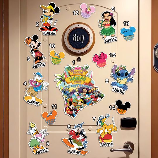 Custom Mouse and Friends Hawaii Trip Cruise Magnet, Summer Trip 2025 Magnet, Family Cruise Ship Stateroom Door