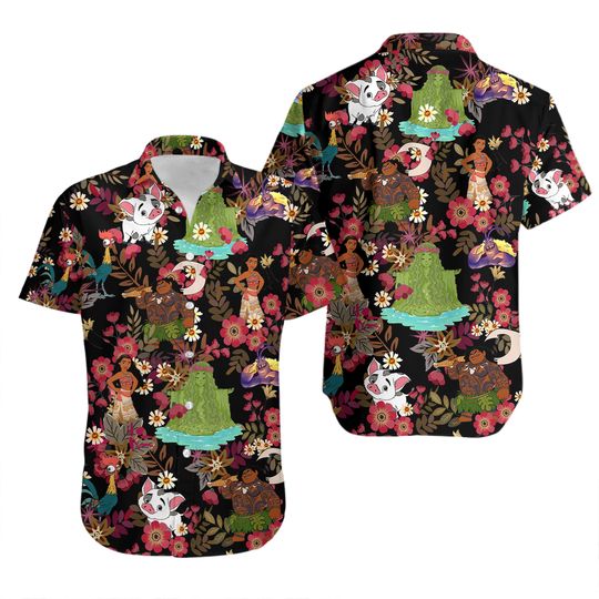 Discover Moana Hawaiian Shirt And Shorts, Disney Tropical Aloha Outfit, Summer Beachwear, Maui Te Fiti Hei Hei Pua Tamatoa Floral Button Shirt
