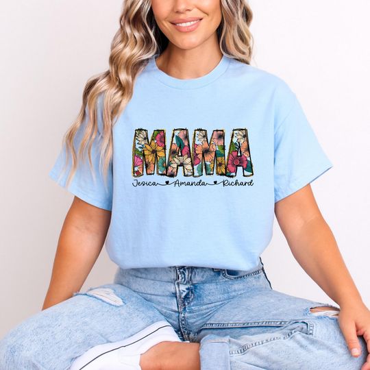 Custom Floral Pattern Mama Shirt, Personalized Mom Shirt With Kid Names, Mother's Day Gift Tee, Anniversary Gifts, Funny Mother's Day Shirt