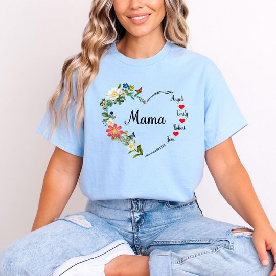 Discover Custom Kids Name Floral Heart Mama T-Shirt, Personalized Mom Shirt, Mother's Day Shirt, Gigi Heart Shirt, Mama Shirt With Kids Names