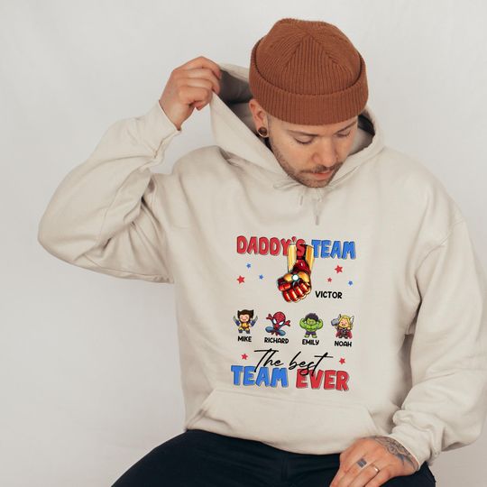 Personalized Daddy's Team Hoodie  with Kids' Names, Father's Day Gifts, The Best Team Ever Sweatshirt for Dad, Personalized Super Hero Dad