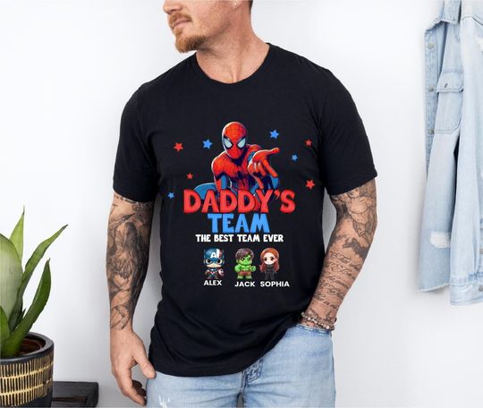Spiderman Dad Shirt, Marvel Father's Day Gift, Superhero Dad , Avengers Daddy's Team Tee, Dad With Kids Names T-Shirt
