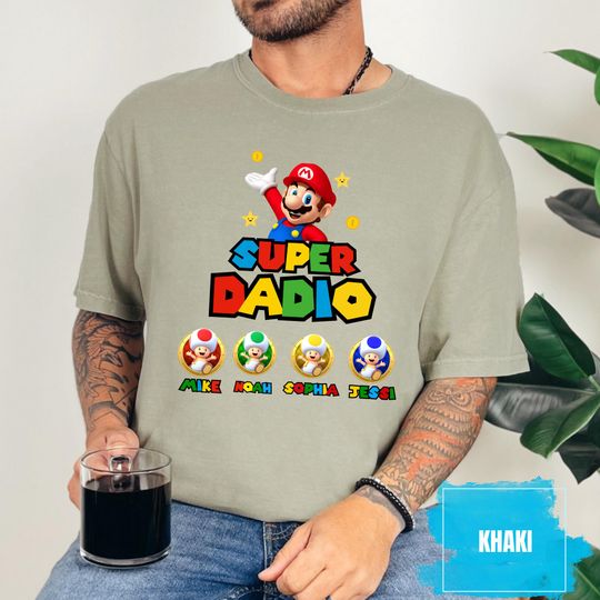 Comfort Colors Custom Super Daddio Shirt, Custom Kids Name Dad Shirt, Gamer Daddy Shirt, Father's Day Daddio Shirt, Super Dad Mario Theme
