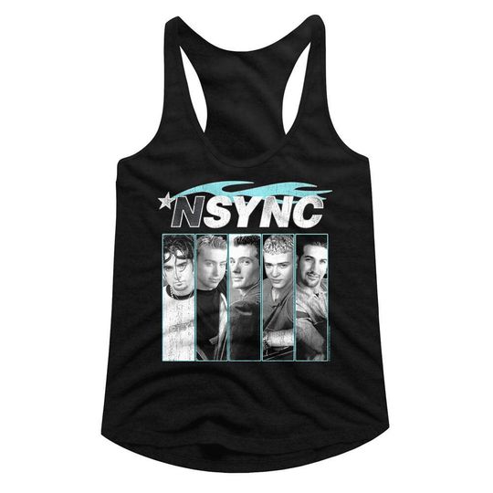NSYNC Blue Flame Black Junior Women's Racerback Tank Top T-Shirt