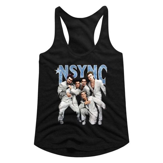 NSYNC Strike A Pose Black Junior Women's Racerback Tank Top T-Shirt
