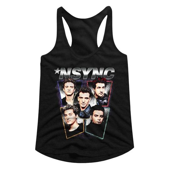 NSYNC Heads Black Junior Women's Racerback Tank Top T-Shirt