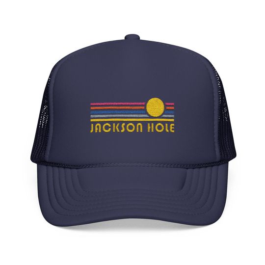 Jackson Hole, Wyoming Embroidered Foam Trucker Hat - Retro Sunset