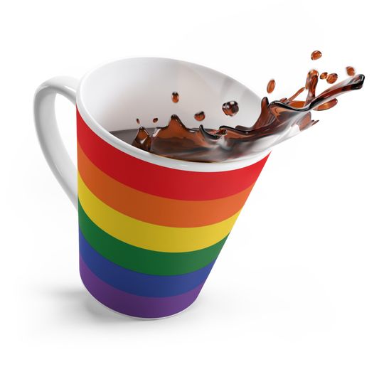 Rainbow Latte Mug - 12oz Ceramic Coffee Cup, Retro Design, Classic Pride Flag