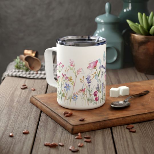 Watercolor Wildflowers Insulated Travel Mug with Lid, Flower Lover Tumbler with Handle, Coffee Cup Gift for Mom